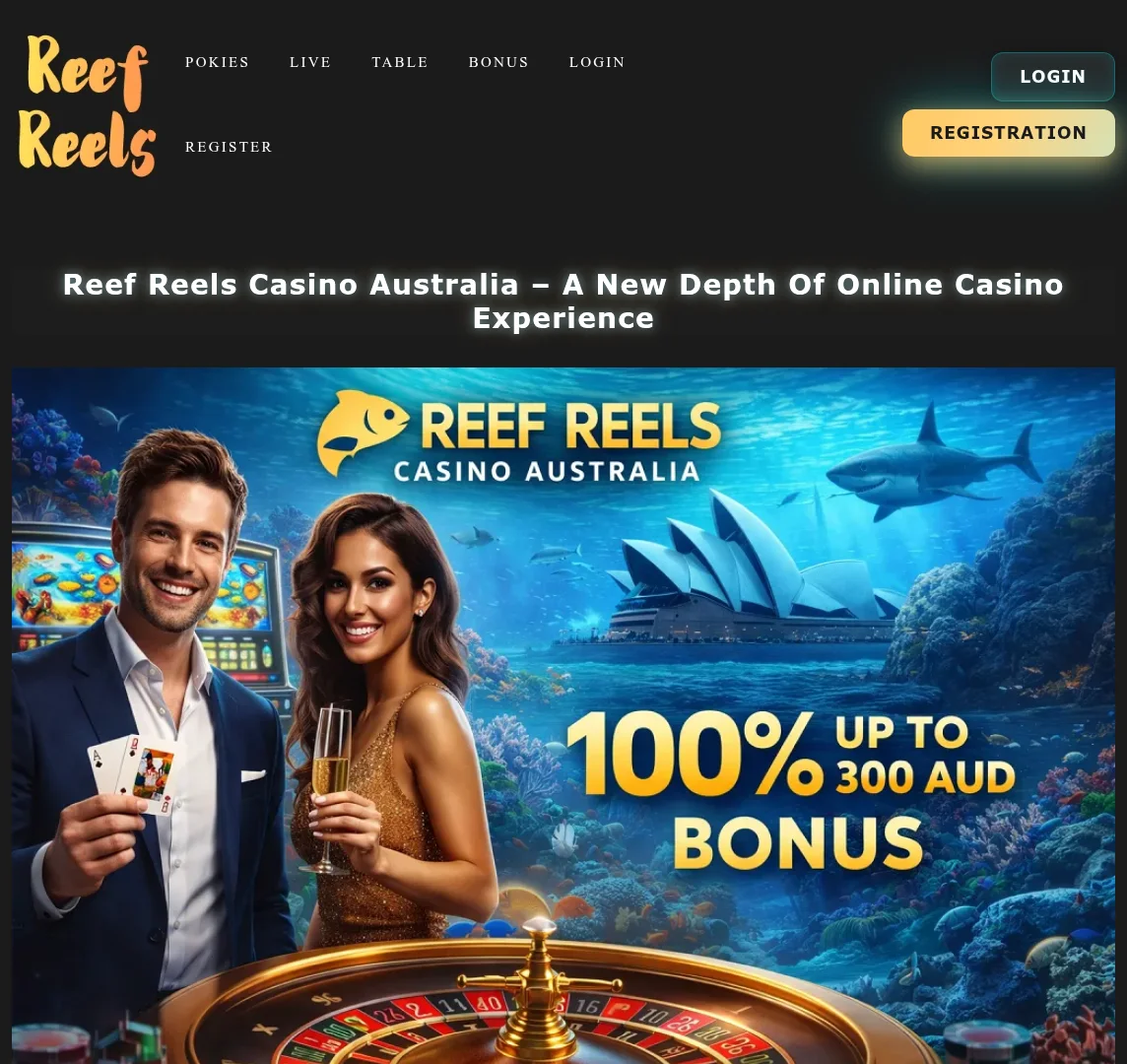 Reef Reels Casino desktop platform with pokies, live casino and table game access